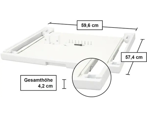 Rehausseur de machine à laver mesurant 59,6 cm sur 57,4 cm sur 4,2 cm.