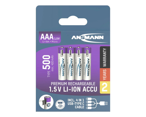 Piles Ansmann AAA, 1,5 volt, lithium-ion, lot de 4 avec câble USB-C