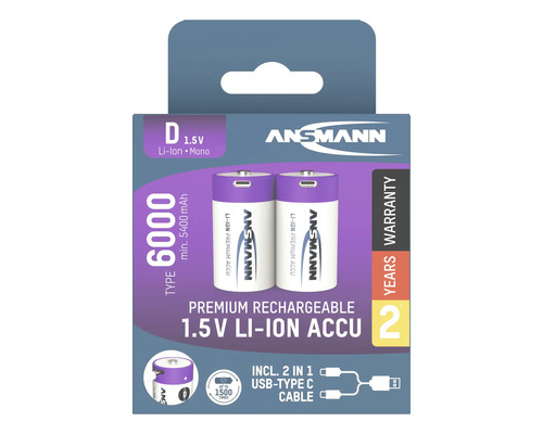 Paquet de deux piles rechargeables Ansmann D 1,5V lithium-ion avec câble USB type C