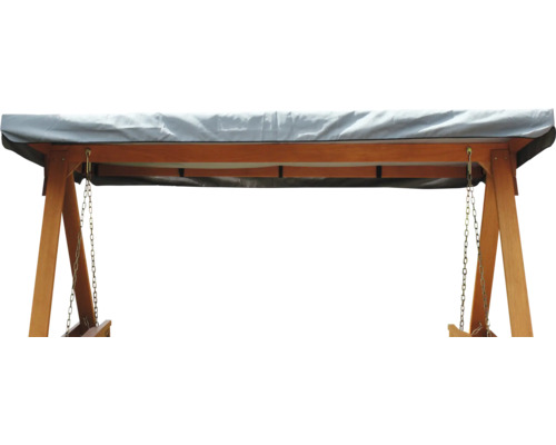 Detailansicht einer Gartenschaukel mit Holzrahmen und Stoffdach