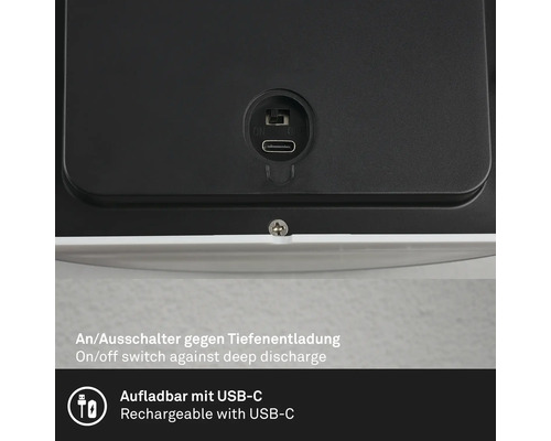 Detailansicht eines Geräts mit Ein- und Ausschalter sowie USB-C-Anschluss zum Aufladen