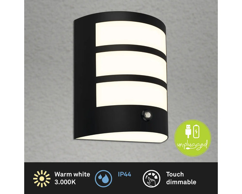 Schwarze LED-Aussenwandleuchte mit warmweissem Licht und Dimmfunktion