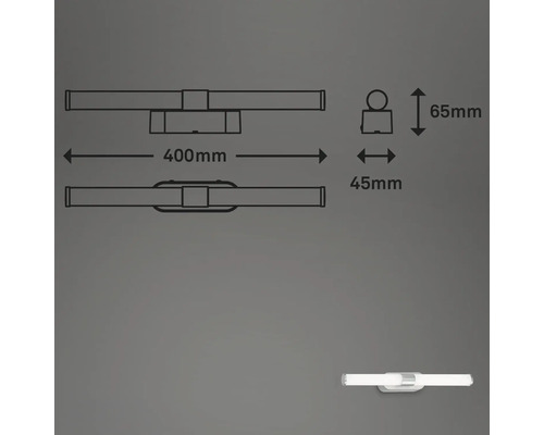 Technische Zeichnung einer LED-Wandleuchte mit den Maßen 400 mm Breite, 65 mm Höhe und 45 mm Tiefe.