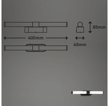 Technische Zeichnung einer Badezimmerlampe mit Maßangaben 400 mm breit, 65 mm hoch und 45 mm tief