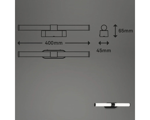 Technische Zeichnung einer Badezimmerlampe mit Maßangaben 400 mm breit, 65 mm hoch und 45 mm tief