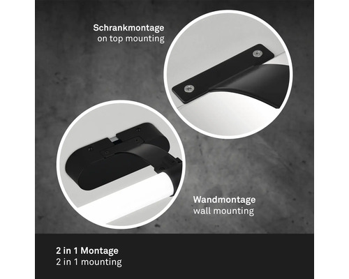 Darstellung einer Leuchte mit zwei Montagearten: Schrankmontage und Wandmontage