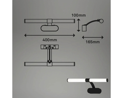 Technische Zeichnung einer Aufbauleuchte mit den Maßen 400 mm Breite, 100 mm Höhe und 165 mm Tiefe.