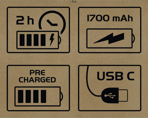 Symboles pour deux heures de temps de charge, 1700 mAh, préchargé et USB-C