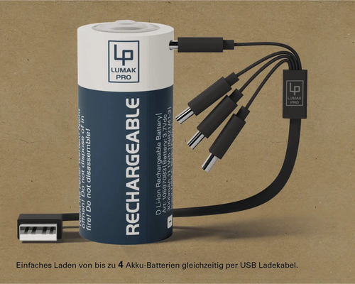 Lumak Pro D Lithium-Ionen Akku mit USB Ladekabel zum gleichzeitigen Laden von bis zu vier Akkus