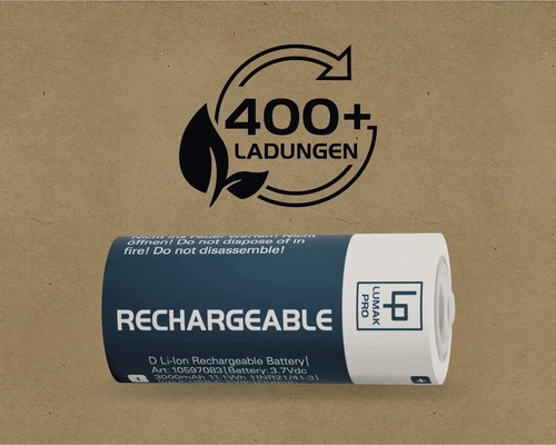 Wiederaufladbare D-Batterie mit dem Symbol für 400 plus Aufladungen