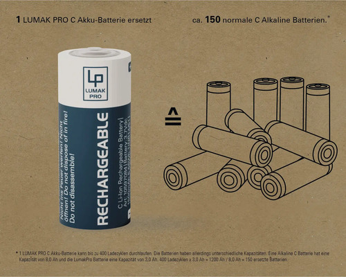 Lumak Pro C Akku Batterie ersetzt circa 150 normale C Alkaline Batterien.