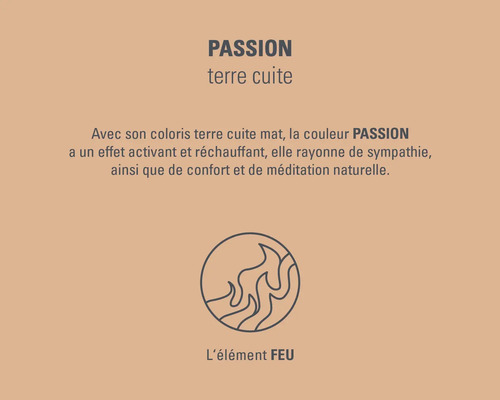 Informations sur la teinte Passion: activant, chaleureux, sympathique et confortable. Elément Feu.