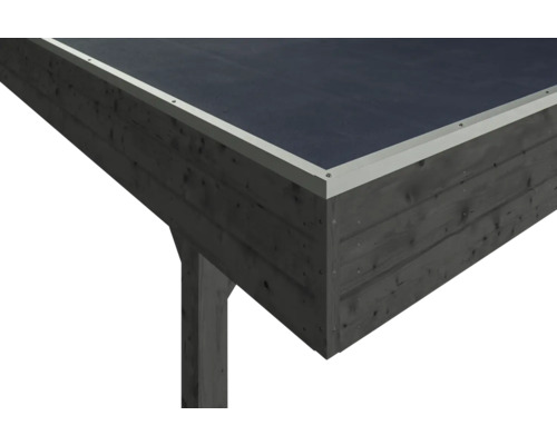 Vue détaillée d''un pavillon de jardin en bois avec toit plat et bordure de toit argentée