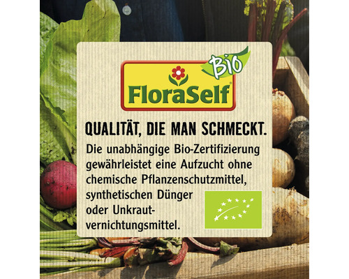 FloraSelf Logo: Qualität, die man schmeckt. Bio-Zertifizierung garantiert Anbau ohne chemische Pflanzenschutzmittel, synthetische Dünger oder Unkrautvernichtungsmittel.