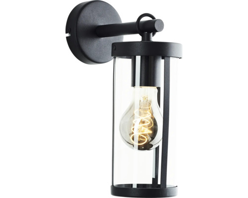 Schwarze Wandleuchte mit klarem Glaszylinder und Glühbirne