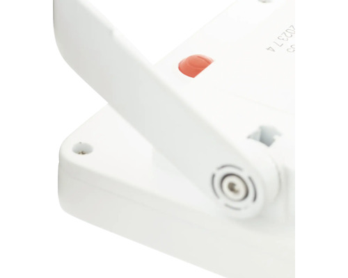 Vue détaillée d''une lampe de travail blanche avec bouton rouge et support réglable.