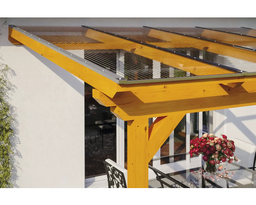 Auvent avec structure en bois et plaques transparentes