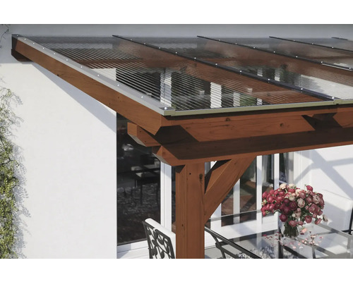 Auvent de terrasse avec structure en bois et couverture transparente