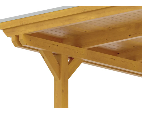 Vue détaillée d''une pergola en bois avec poteaux et structure de toit