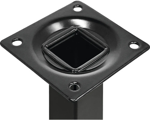 Tischbeinbefestigungsplatte aus Metall mit quadratischer Aufnahme und vier Befestigungslöchern