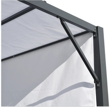 Détail d''un pavillon avec cadre métallique et panneaux latéraux en tissu