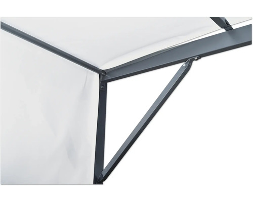 Vue détaillée d''un pavillon avec cadre métallique et toit en tissu.