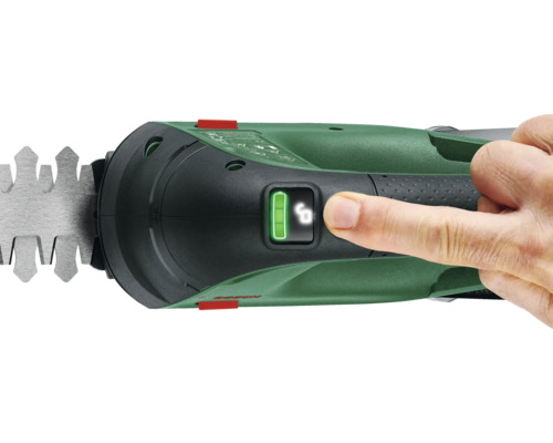 Gros plan d''un taille-haie avec indicateur de batterie et un doigt sur le bouton de déverrouillage.