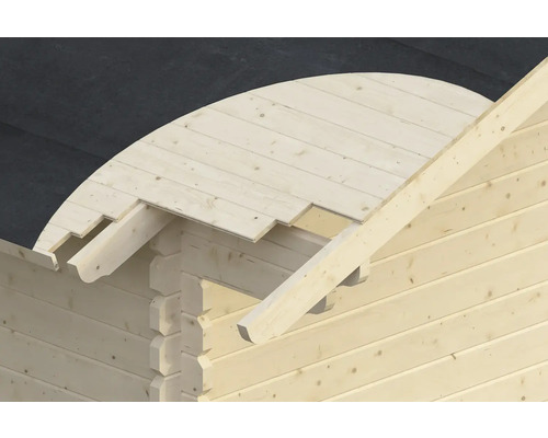 Vue détaillée de la structure de toit d''une cabane de jardin avec des poutres en bois et des membranes bitumineuses