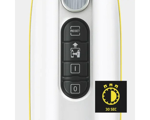 Éléments de commande d''un appareil de nettoyage avec fonction de réinitialisation, touche d''éjection, niveaux d''intensité et symbole de 30 secondes