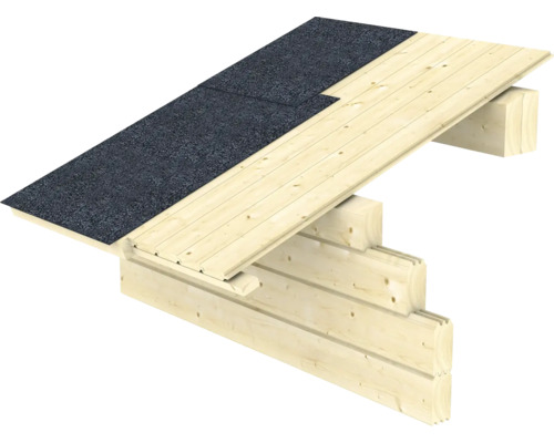 Vue détaillée de la structure du toit d''un abri de jardin avec du bois et des lés bitumineux