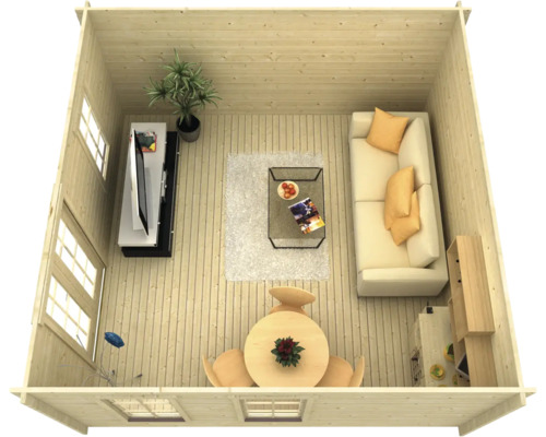 Vue intérieure d''une maison en bois avec des meubles, dont un canapé, une table et une télévision