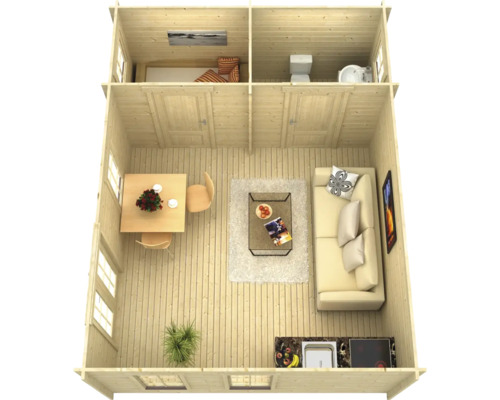 Vue intérieure d''une maison en bois avec salon, chambre et salle de bains