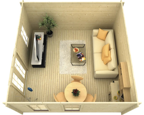 Vue intérieure d''une maison en bois avec des meubles tels qu''un canapé, une table et une télévision