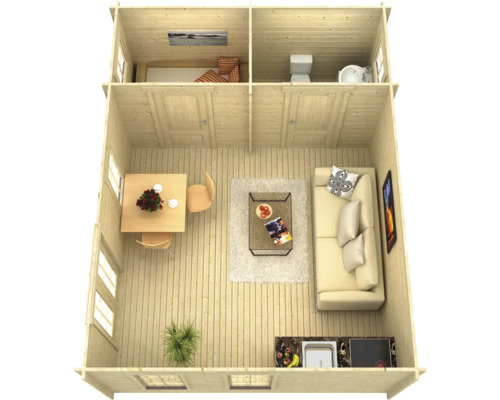 Innenansicht eines Holzhauses mit Wohnbereich, Küche, Bad und Schlafzimmer