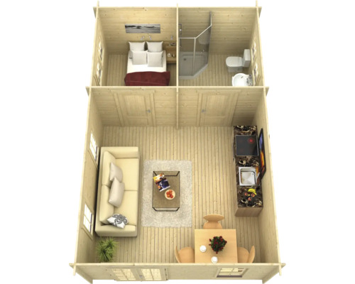 Vue intérieure d''une maison en bois avec chambre, salle de bain, salon et cuisine