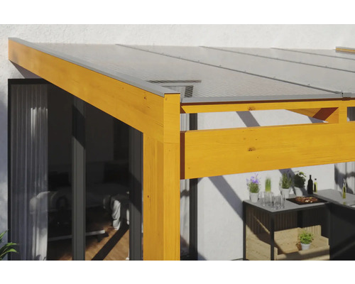 Vue détaillée d''une terrasse en bois avec toit transparent