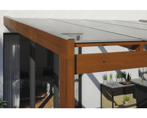 Vue détaillée d''un toit de terrasse en bois avec plaques de polycarbonate