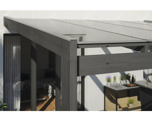 Gros plan d''un toit de terrasse en bois avec un toit translucide