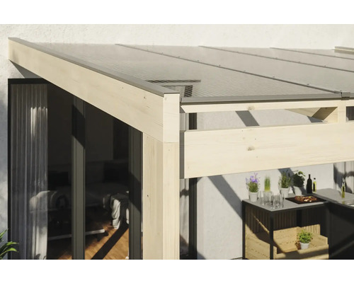 Vue détaillée d''un toit de terrasse en bois avec un toit transparent