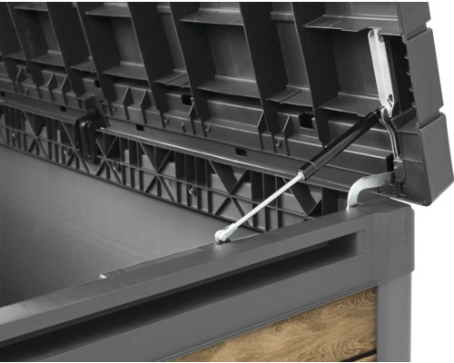 Coffre de jardin ouvert avec ressort à gaz pour le support du couvercle