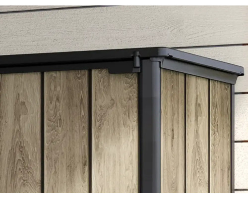 Vue détaillée d''un abri de jardin avec revêtement en bois et cadre foncé