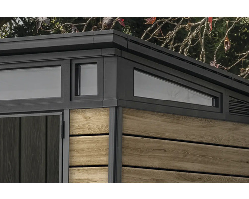 Vue détaillée d''un abri de jardin avec fenêtres et revêtement en bois.