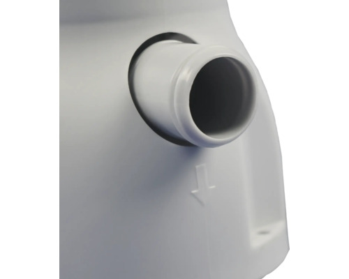 Vue détaillée d''un réservoir de chasse d''eau avec raccord et flèche directionnelle