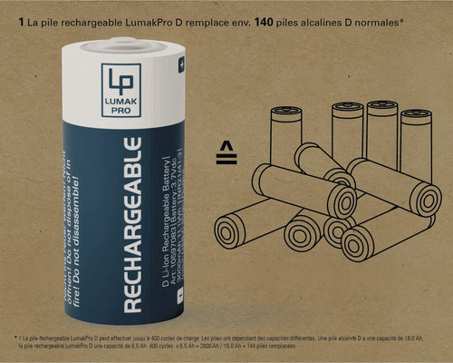 Pile Lumak Pro taille D avec l''inscription Rechargeable et le logo Lumak Pro