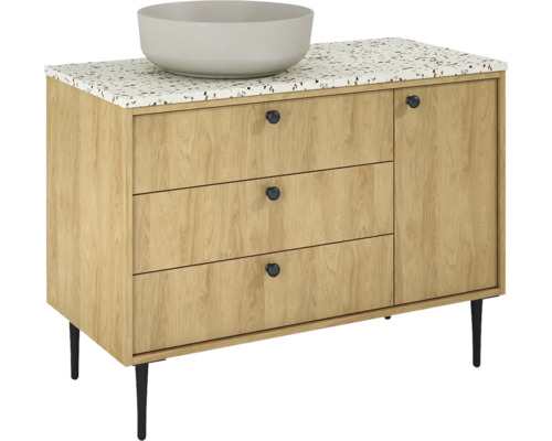 Meuble sous-lavabo avec trois tiroirs, porte, vasque à poser et plateau aspect pierre