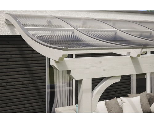 Pergola avec toit translucide et structure en bois blanche