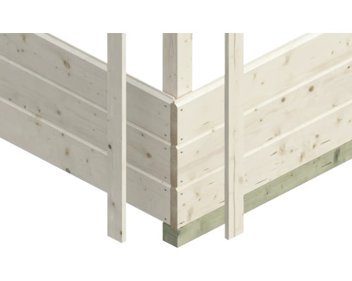 Eckdetail eines Holzhauses mit Nut- und Federverbindungen