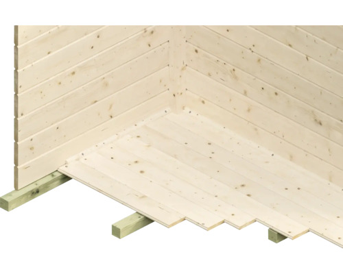Detailansicht des Holzfußbodens eines Gartenhauses