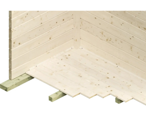 Detailansicht einer Holzhütte mit Nut- und Federbrettern an Wand und Boden