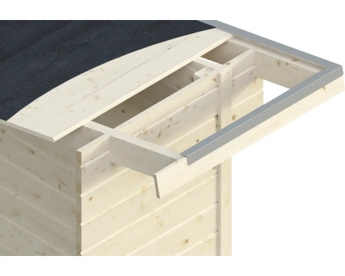 Vue détaillée d''un abri de jardin en bois avec carton bitumé et revêtement métallique